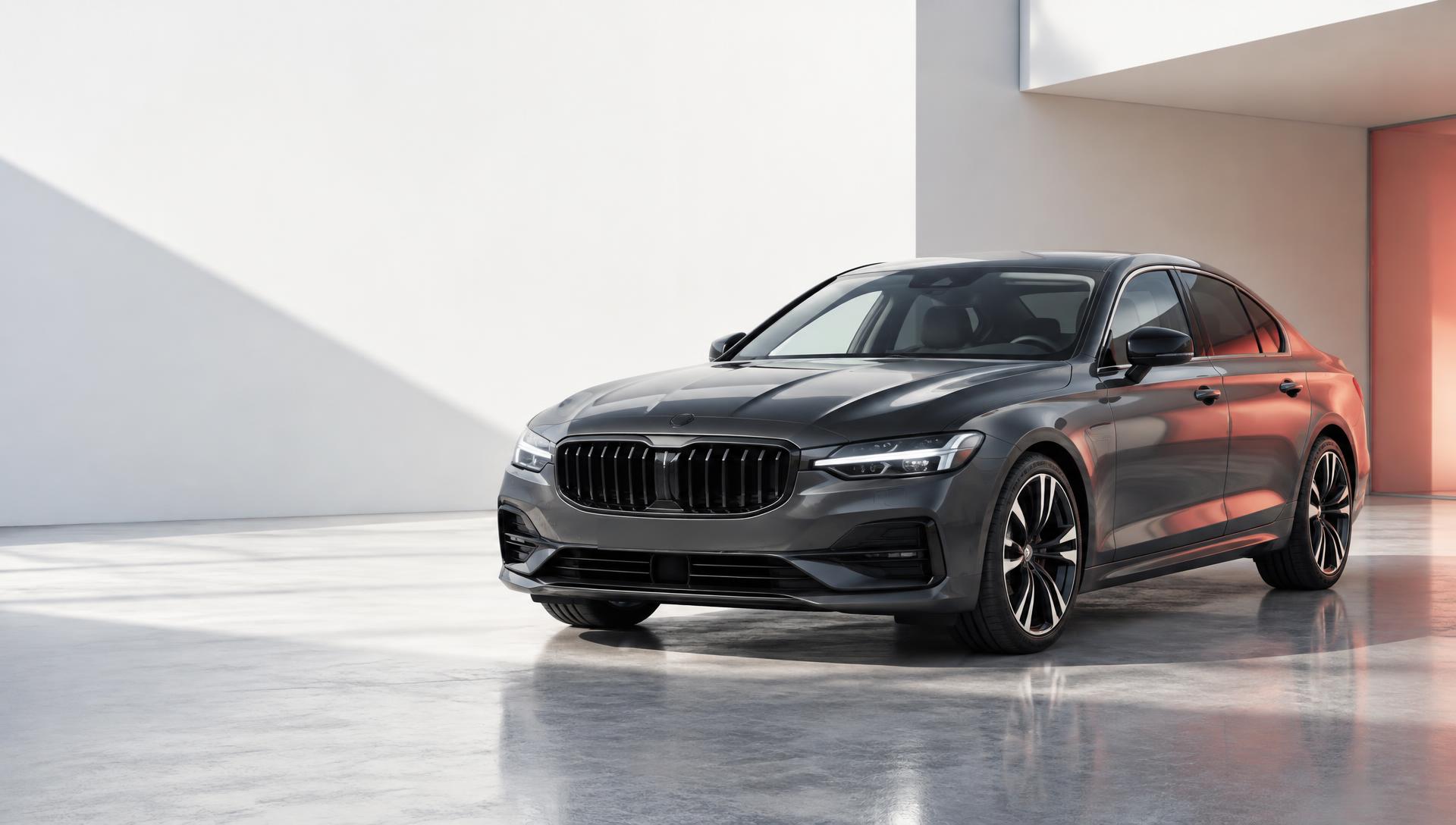 Charcoal sedan in a bright architectural studio