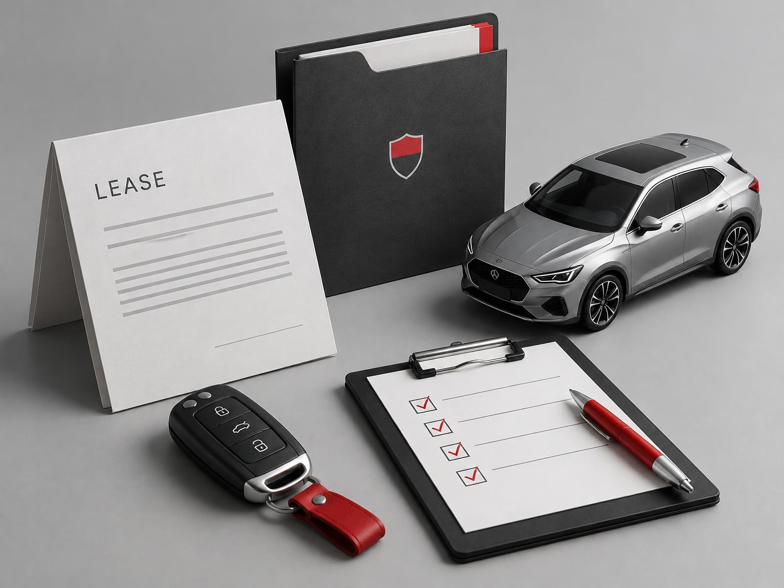 Lease documents, key fob, model vehicle, and checklist